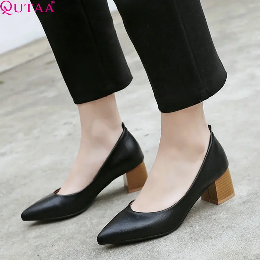 

QUTAA 2019 Women Shoes Fashion Pu Leather Square Heel All Match Platform Pointed Toe Leisure Casual Ladies Shoes Size 34-43