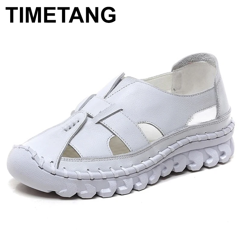 

TIMETANG Women's Sandals Summer Genuine Leather Handmade Ladies Shoe Sandals Women Flats Retro Style Mother Shoes Big Size 35-43