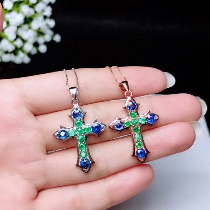 Pendentif croix émeraude naturelle colliers pendentif saphir naturel S925 argent rétro personnalité