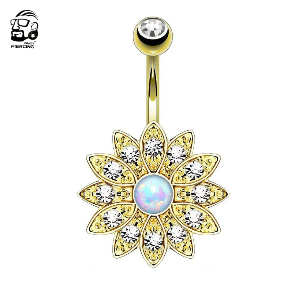 

1PCS Natural Opal Belly Button Rings Jeweled Flower Dangle Navel Ring 316L Surgical Steel Body Piercing Jewelry Belly Rings