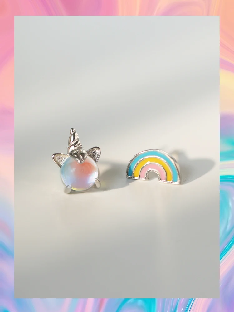 

Seven Color Rainbow Colorful Aurora Unicorn Cute S925 Sterling Silver Stud Earrings Girls Earrings Sweet Beauty