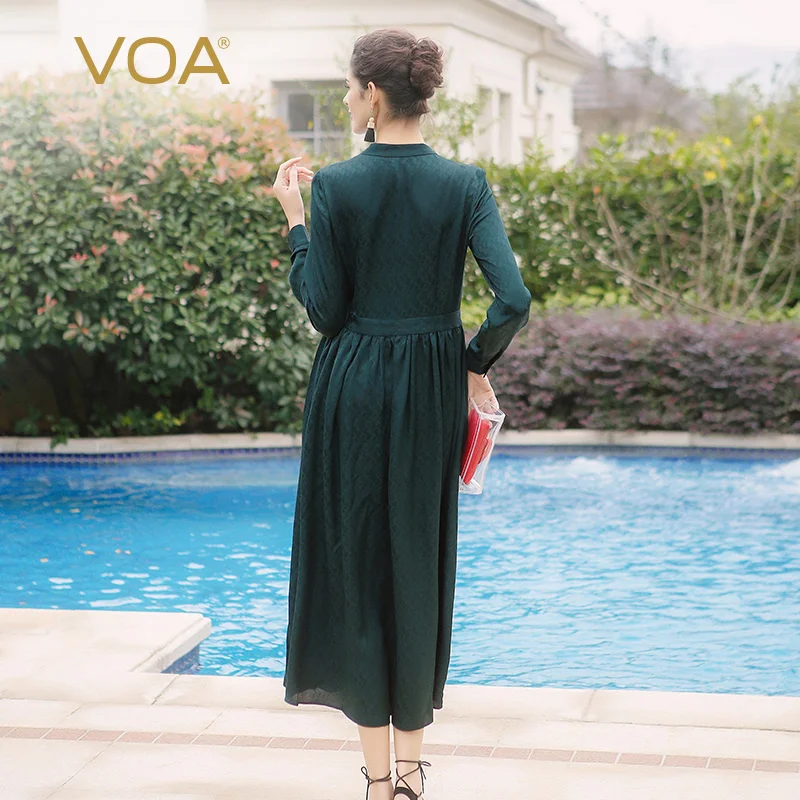 VOA шелковая рубашка Базовая Элегантная с длинным рукавом Тонкая средняя талия Павлин зеленый Vogue размера плюс женская одежда A2910