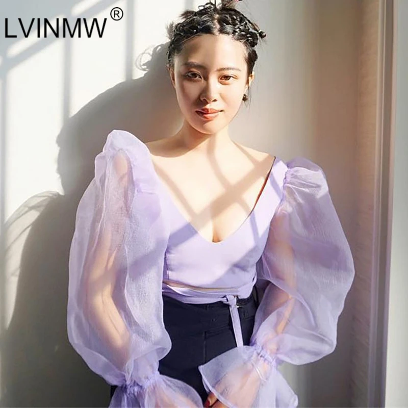 LVINMW Sexy Mesh See Through lantern с длинным рукавом Crop Tops 2019 Весна Женщины Backless Patchwork Slim U Neck T Shirt