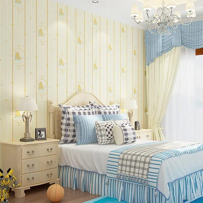 Environmental Cartoon Children's Room Wallpaper Boy Bedroom 3D Stereo Non-woven Mediterranean Sailing Stripe Wallpapers Environmental Cartoon Children's Room Wallpaper Boy Bedroom 3D Stereo Non-woven Mediterranean Sailing Stripe Wallpapers