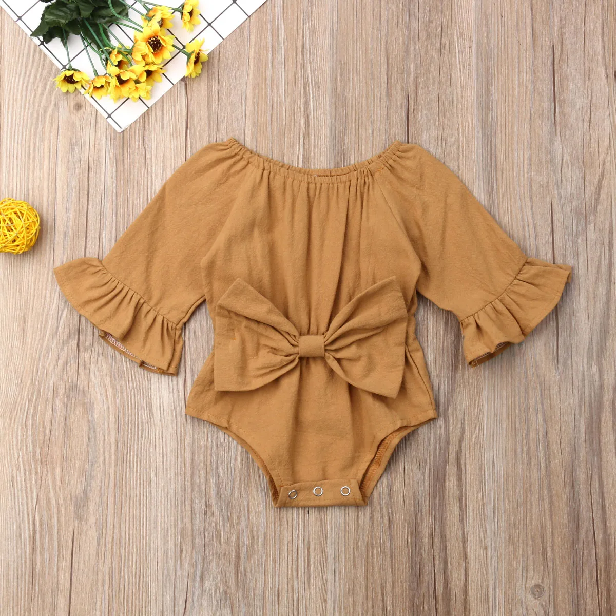 Pudcoco Newborn Baby Girl Clothes Solid Color Long Sleeve Bowknot Receive The Waist Cotton Romper Jumpsuit One-Piece Outfit Set