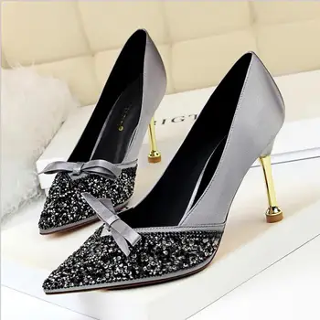 

Fashion metal with high heel women's shoes satin shallow mouth pointed sequins rhinestone bow banquet women's high heels