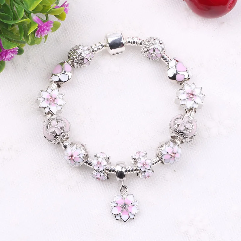 Куки циркониевые браслеты с подвеской розовый цветок бусина замок талисманы романтический подарок подходит для женщин браслеты для оригинальных браслетов
