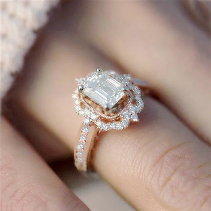 

ROMAD White CZ Wedding Rings for Women Silver Ring Geometric Cubic Zirconia Women Ring Luxury Charm Boho Jewelry R4