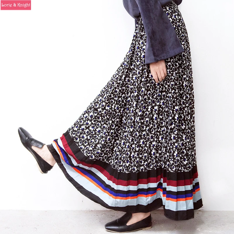 Весна Зеленый Цветочный Принт Богемия Плиссе Длинная Юбка|pleated long skirt|long skirtpleated