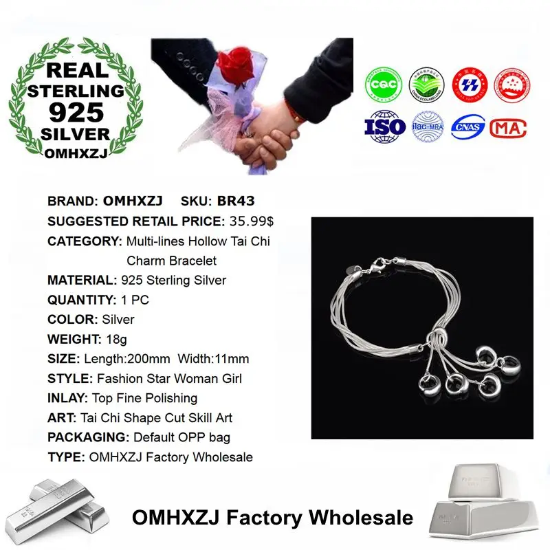 OMHXZJ,, индивидуальная мода, подарок для женщин и девушек, серебряный, несколько линий, полые, Тай Чи, очаровательные, 925 пробы, серебряный браслет BR43