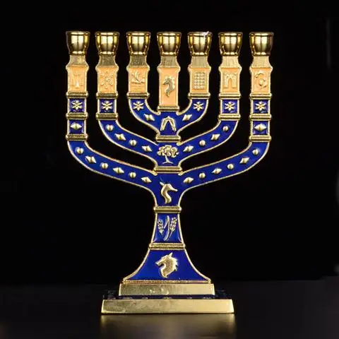 Синяя эмаль Menorah позолоченный 7 веток племен Израиля, джерузама - Цвет: Big