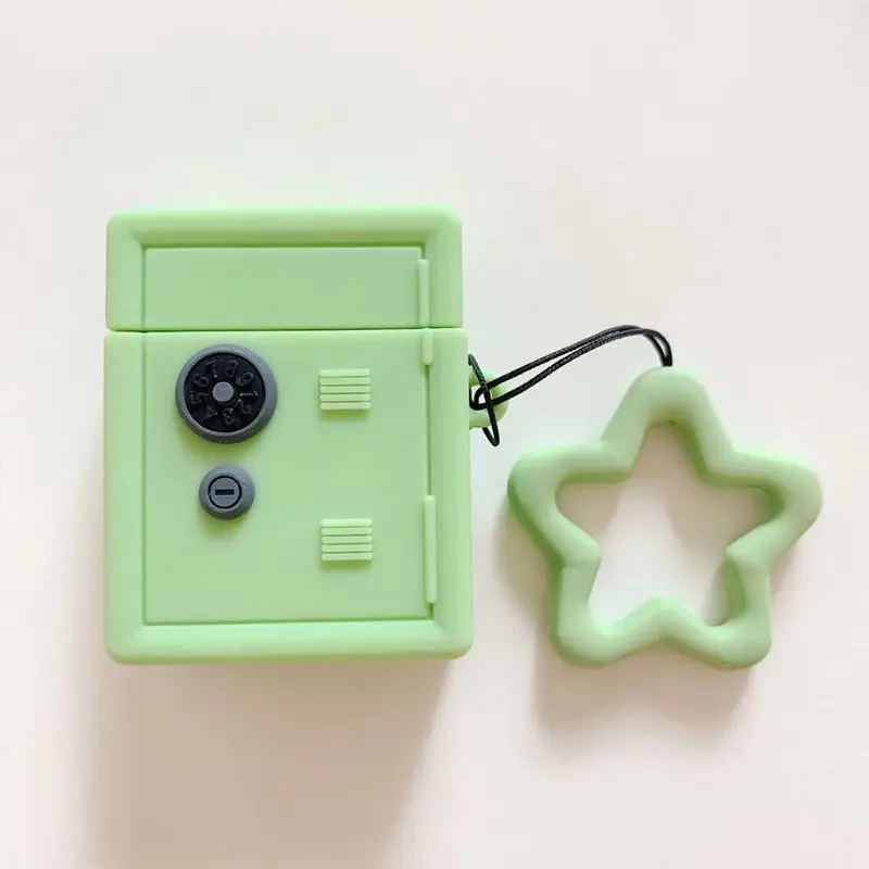 

New Unique Safe Box Pattern Shockproof Soft Silicone Protective Cover Case Skin Shell With Lanyard for Airpods 1/2 Charging Box