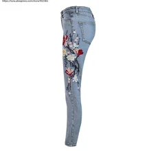 Винтажные узкие женские джинсы с цветочной вышивкой и высокой талией, прямые синие джинсовые штаны 2541