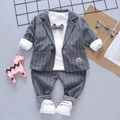 New Kids Boy Clothes Baby Gentleman Suit Clothing Sets Fake3 Piece Coat Shirt Toddler Children 1-4Y Birthday Party Dress - Цвет: Серый