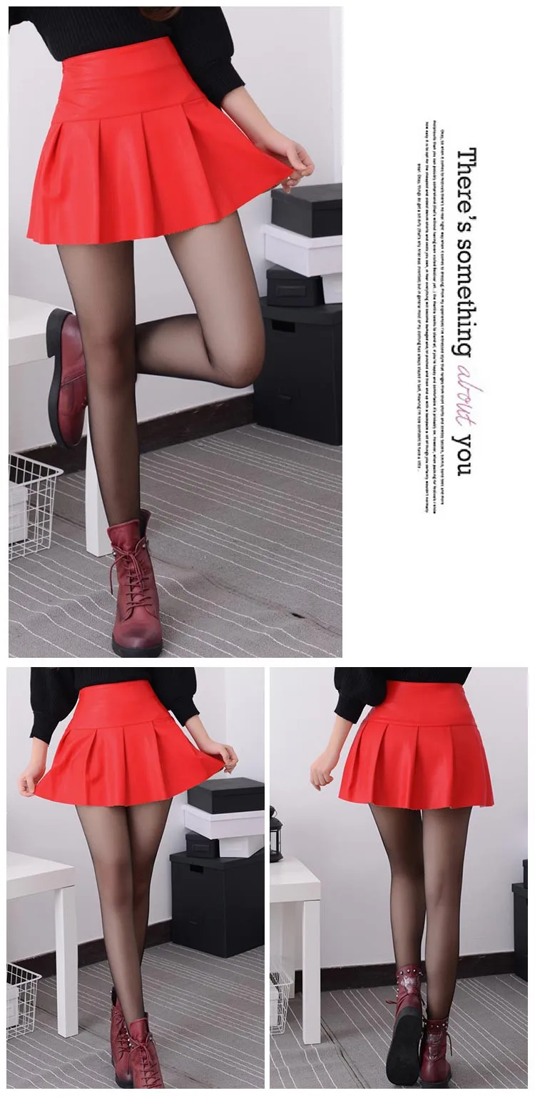 Новинка, корейская мода, черная красная Высококачественная юбка из искусственной кожи, Женская винтажная плиссированная юбка с высокой талией, женские мини-юбки