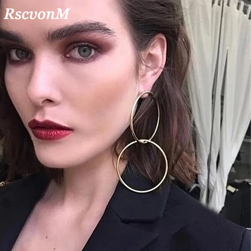 

RscvonM 2018 New European Exaggerated Aros Big Hoop Earrings for Women Double Round Circle Pendant Long Earrings Brincos Jewelry