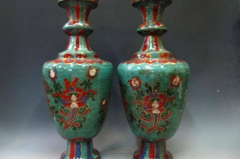 

21"Chinese royal Copper Bronze inlay turquoise coral Vase Pair