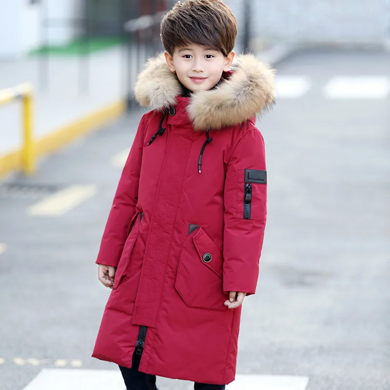 Корейский детский пуховик; зимнее пальто для мальчиков; пальто с капюшоном и мехом енота; утепленная верхняя одежда; парки на утином пуху для мальчиков; TZ218 - Цвет: Red