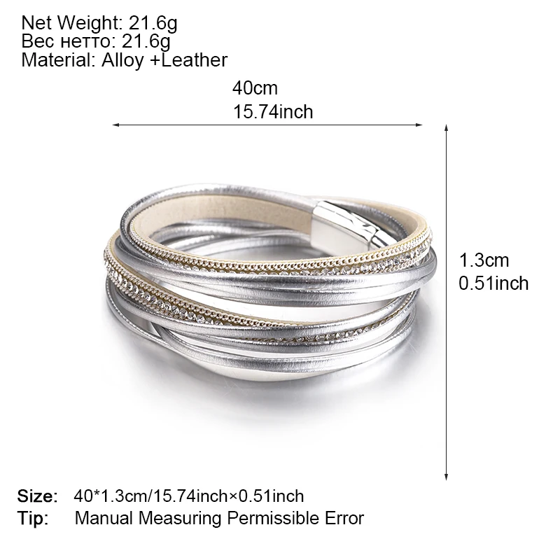 ALLYES Multilayer Leather Bracelets Women Men Femme 6 Colors Magnet Clasp Crystal Bohemian Double Wrap Bracelet Jewelry