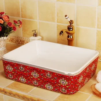 

Europe style China Handmade Lavabo Washbasin Artistic Bathroom Sink countertop hand painted ceramic vessel sink rectangle
