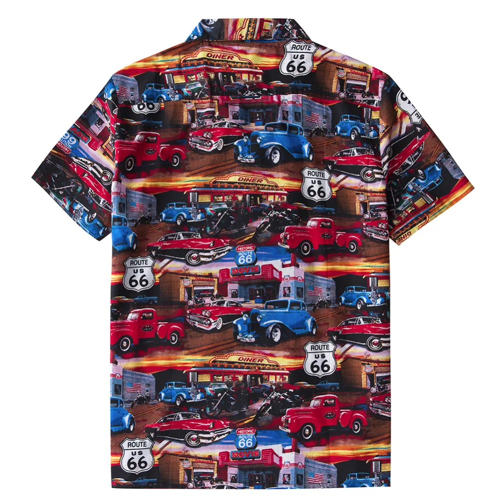 Для мужчин пляж гавайская рубашка ТРОПИЧЕСКОЕ ЛЕТО классические 50 s автомобили Route 66 блузка с принтом Повседневное свободные хлопковые