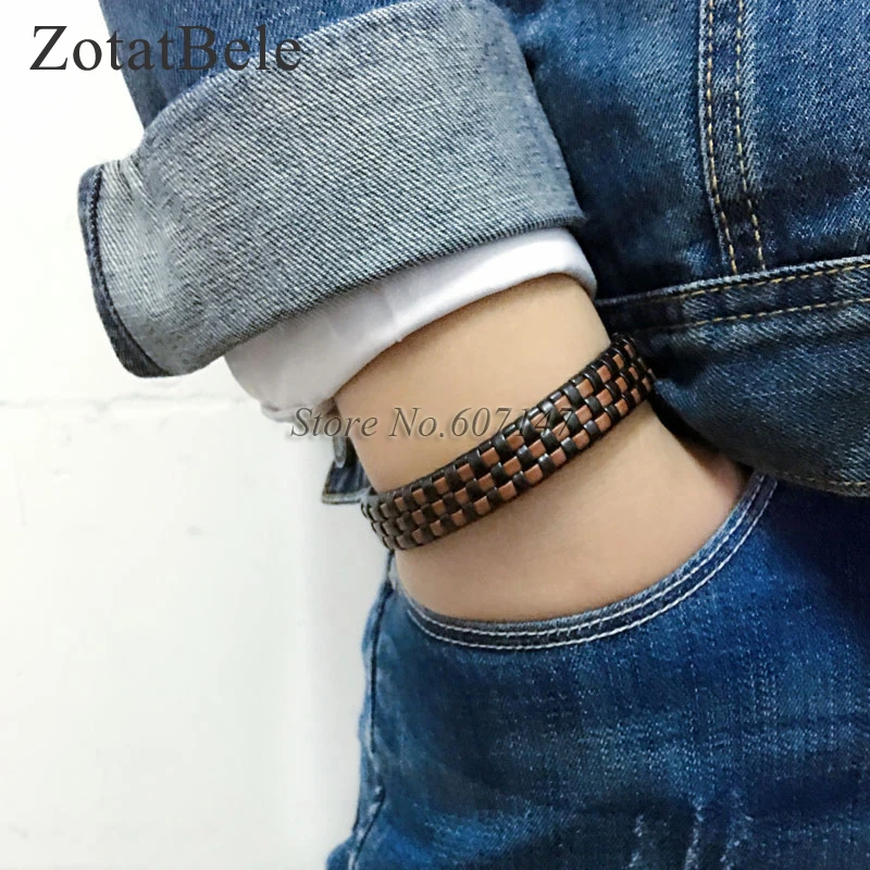 

ZotatBele Twist Handmade Bangle pulseira masculina Wrap Brown Retro Genuine Leather Bracelet Men with Braided Rope PT13