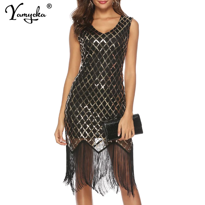 Tanie Seksowne kobiety letnie cekiny do sukienki Plaid v neck bodycon czarna suknia wieczorowa eleganckie frędzle luksusowe sukienki imprezowe vestidos