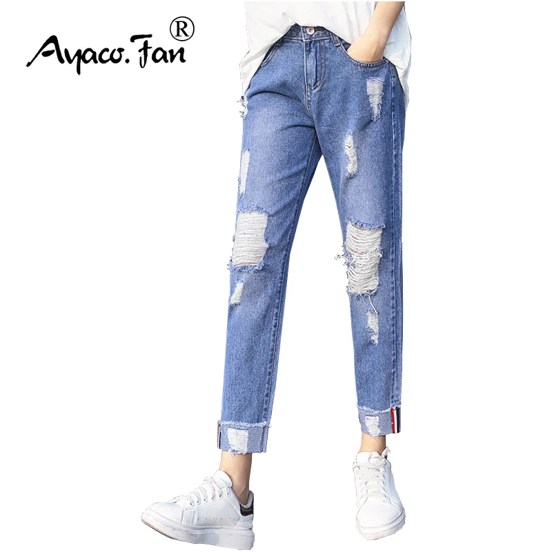 2019 Women`s Cross-pants Mid Waist Washed Jeans Blue Cuffs Denim Ankle ...