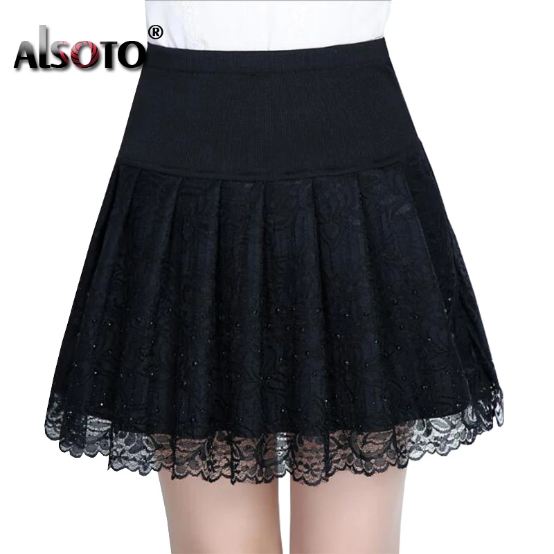 

ALSOTO Summer Style Sexy Skirt for Girl Korean Women Clothing Faldas Lace Solid Color High Quality A-Line Mini Pleated Skirt