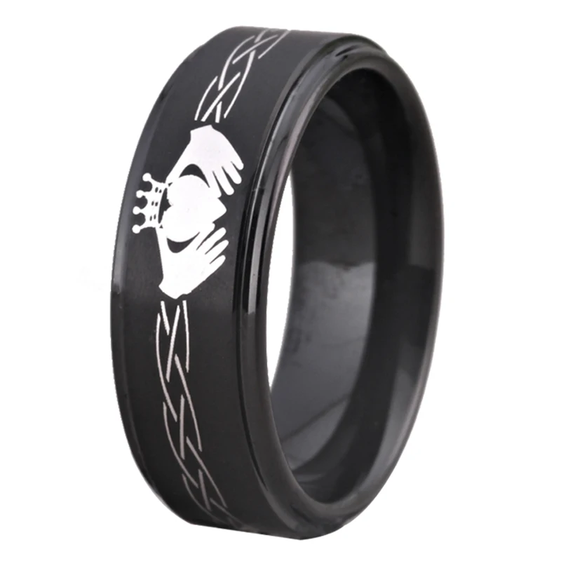 Мужское черное кольцо из карбида вольфрама, классический дизайн Claddagh, Женское Обручальное кольцо, кольцо для любви, подарок дружбы, обручальные вечерние кольца - Цвет основного камня: 8mm width