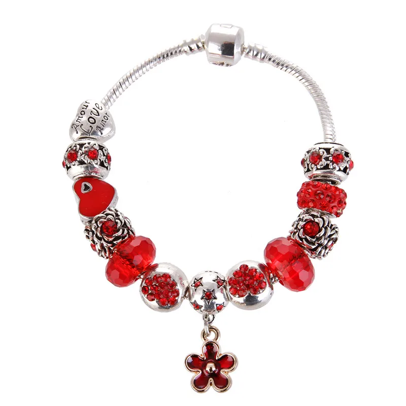

High Quality Noble Pretty Silver plated Red Crystal Flower Pendant Charm Bracelet Pan Bracelet For Women gift jewelry