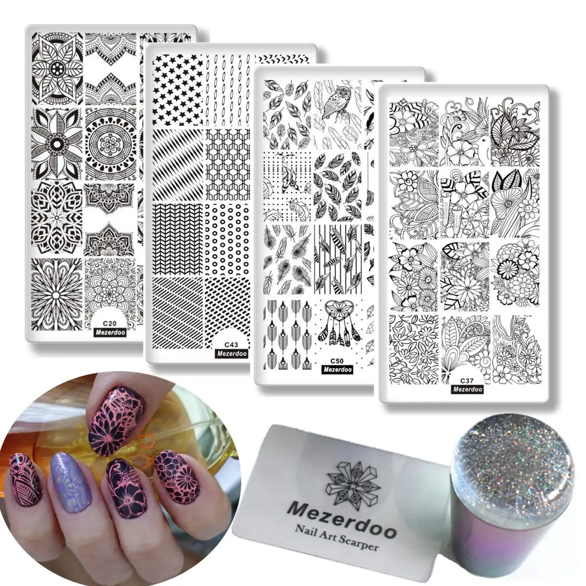 

4Pcs Rectangle Nail Stamping Plates + 1 Rainbow Stamper Scraper Set Mandala Flower Summer Image PrintingStencils Tool Kits