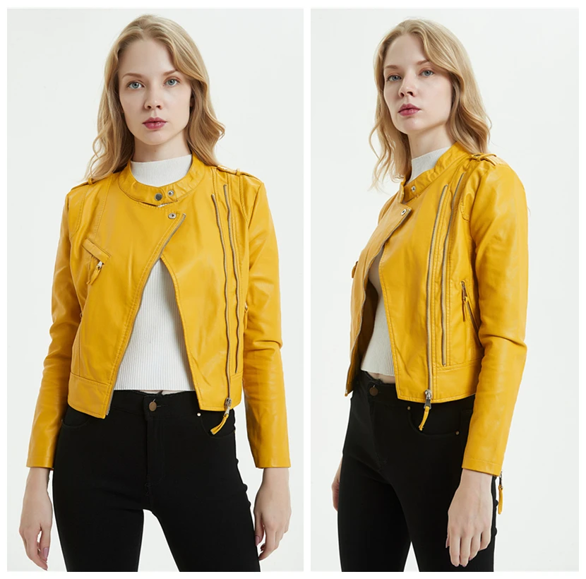 

Motorcycle Soft Leather Jacket For Women Round Collar Yellow Slim Zipper Outerwear Faux PU Jacket Short Coats Hot Fashion 2019