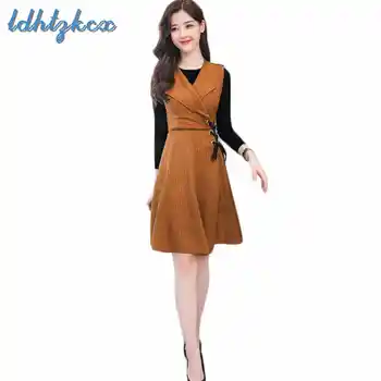 

Women Set Bandage Mini Dress and Black Sweater Two Piece Set 2018 Autumn Winter New Korean Office Plus Size Sets Feminina LD94