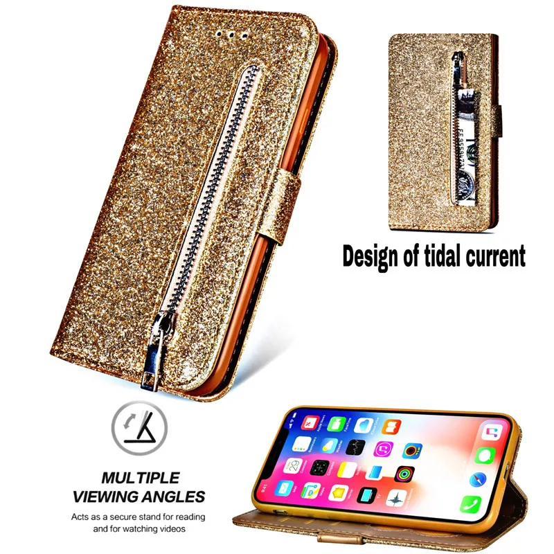 Sang Trọng Bling Kim Tuyến Dành Cho Huawei Y7 Y6 P Smart Plus Giao Phối 20 10 P30 P20 Pro Lite Da Dây Kéo ví Flip Cover huawei waterproof phone case