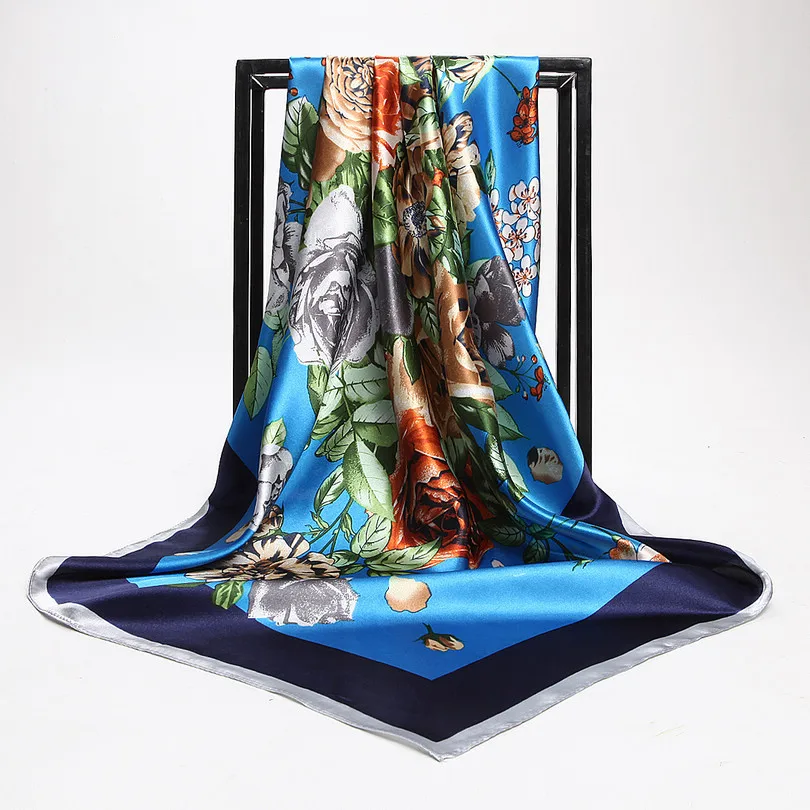Дизайн женский Шелковый большой квадратный шелковый шарф из полиэстера, 90*90 см горячая Распродажа атласный шарф с принтом для весны, лета, осени, зимы - Цвет: peony blue