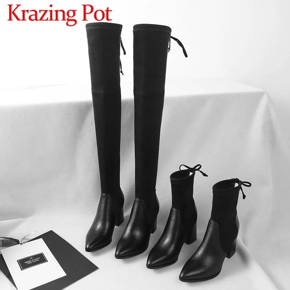 

2018 black color oxford pointed toe slip on high thick heels genuine leather bowtie slender sexy girls over-the-knee boots L7f3