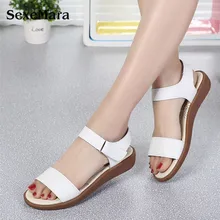 SexeMara Women Sandals Magic buckle Summer Beach Genuine Leather Flip Flat Platform Bare feet Pink ladies Shoes
