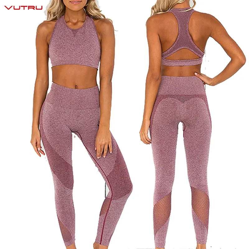 

Vutru Yoga Set Gym Clothing Hollow Out Yoga 2 Piece Sets Breathable Cropped Top Bra+Seamless Leggings Sexy Patchwork Sportswear