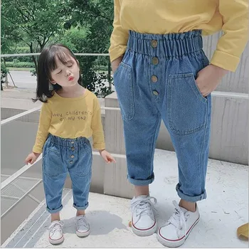 

2020 New Arrival Autumn Baby Girls Denim Pants Children Kids Solid Jeans High Waist with Bottons Fashion Cute Girls Jeans