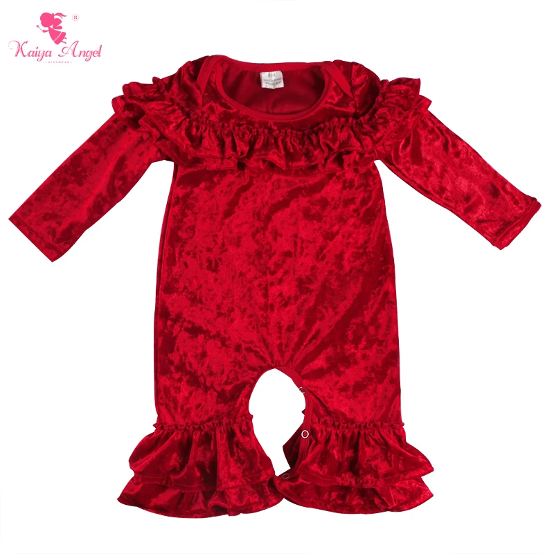 

Kaiya Angel Baby Girls Christmas Romper Solid Red Velvet Long Sleeve Toddler Autumn Winter Clothes 0-24M Girls Ruffle Jumpsuit