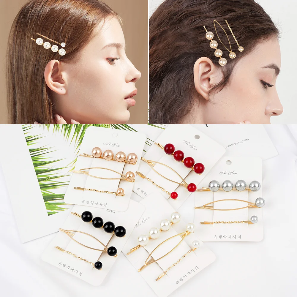 

3pcs/Pack New Women Elegant Acetate Pearl Hair Clips Geometric Alloy Hairpins Sweet Headband Barrettes Fashion Hair Accessories