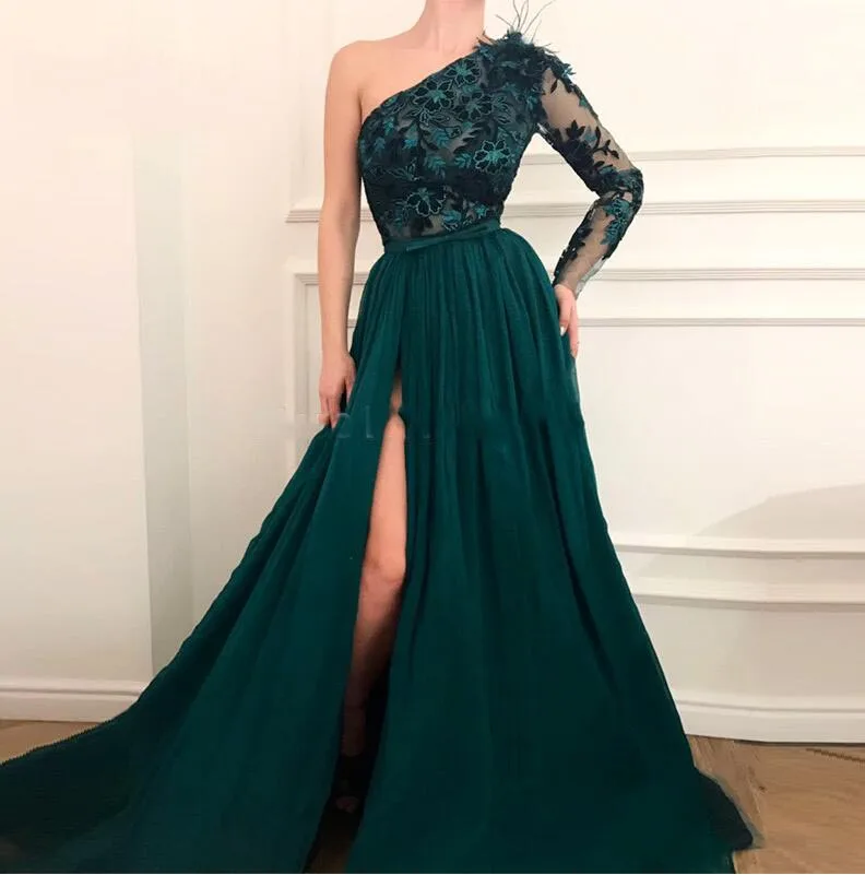 Vestidos de festa One Shoulder Green Evening Dress Muslim Lebanon Dubai Chiffon Formal Party Gowns prom Dress Vestido de festa
