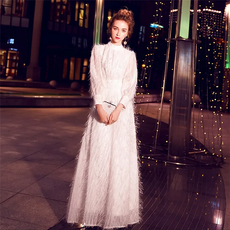 Weiyin Дубай, длинные рукава, кружева, высокий ворот, вечерние платья,, белые, вечерние платья, vestido de festa longo WY1070 - Цвет: Белый