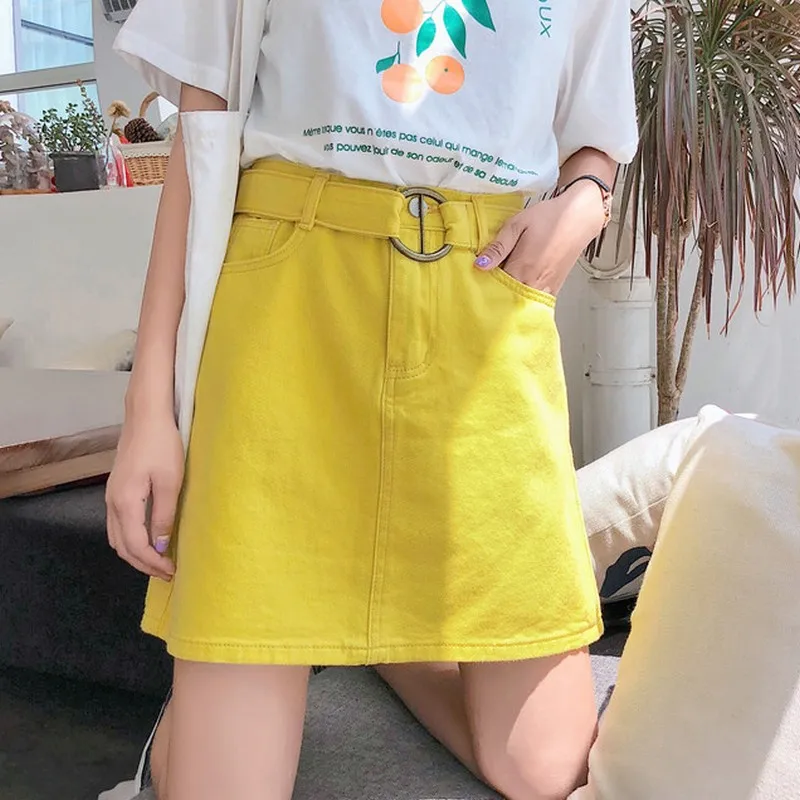 5 цветов Для женщин юбка летний Высокая талия женские юбки в стиле casual трапециевидной формы в Корейском стиле мини-юбка Harajuku минимализм Джинсовая юбка с поясом - Цвет: Цвет: желтый