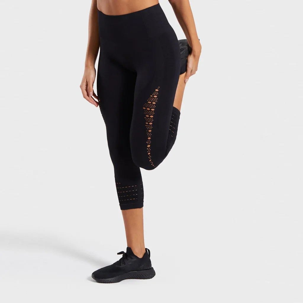 

Ladie Leggings Hollow out High waist Hip Hop elastic Pants Leisure Running Seven minut Pant Athletic Fitness Gym Trousers