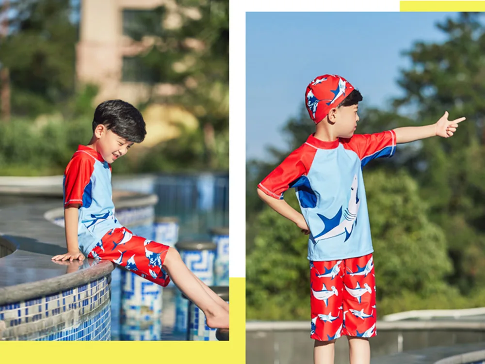 Купальный костюм для мальчиков, новинка года, детский купальник с высоким вырезом, с короткими рукавами, с рисунком, купальный костюм для малышей