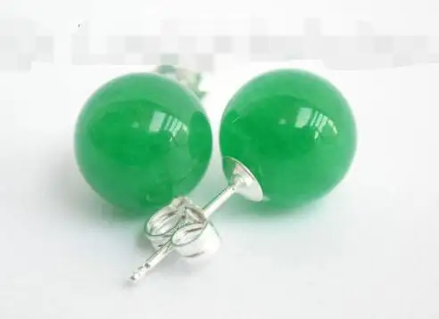 

>healthy natural round 10mm green jade earrings 925ss Stud