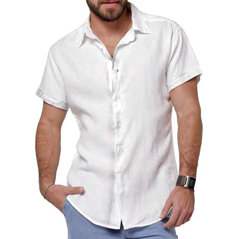 

ADISPUTENT 2019 New Men's Casual Cotton Linen Shirt Male White Short Sleeve Shirts Men Summer Solid Color Shirt Tops M-2XL