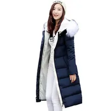 2016 Winter Women’s Cotton Slim Long Coat Fur Collar Hooded Parka Jackets Coats Black Overcoat Plus Size Down Parkas Female C424